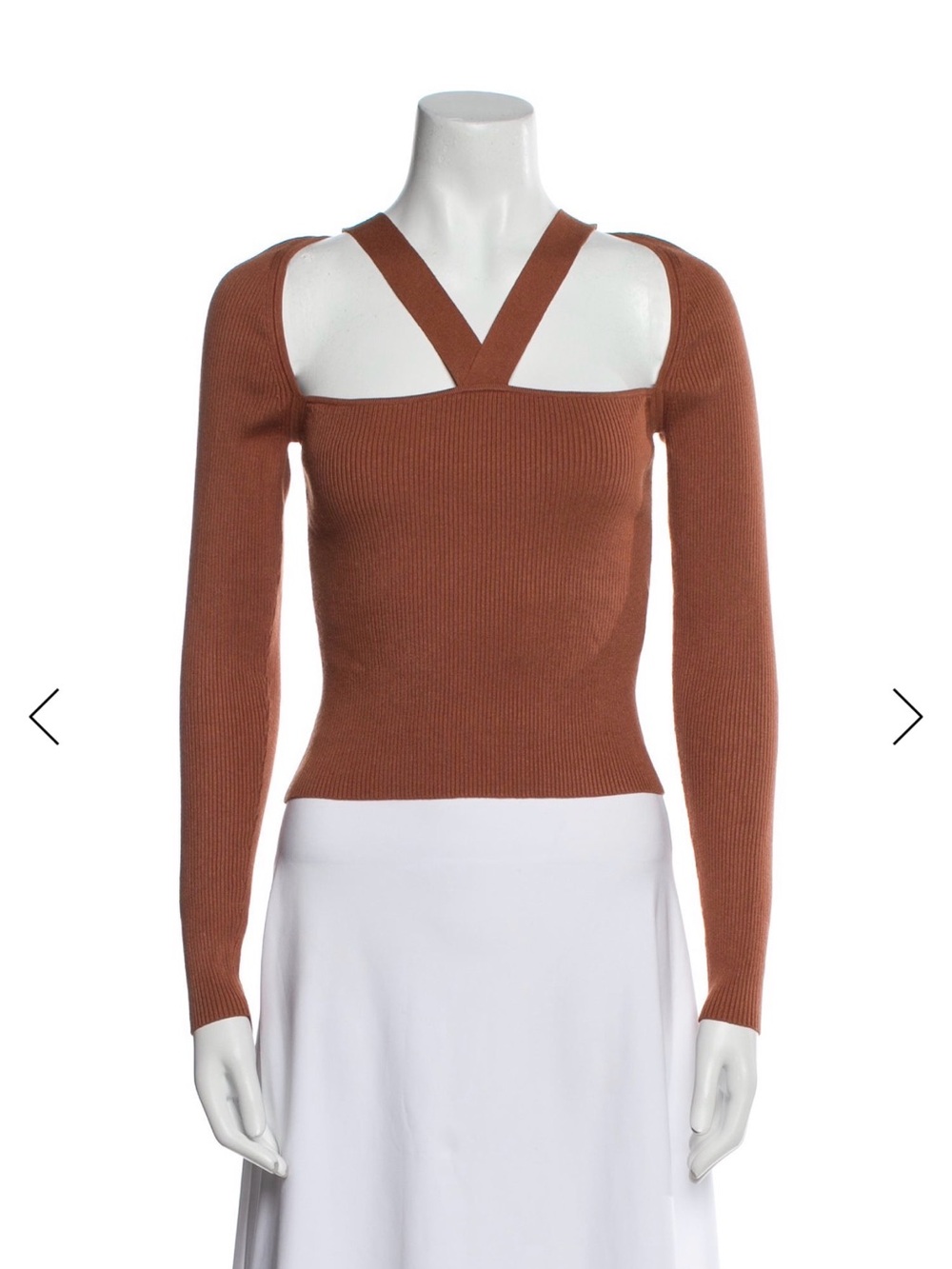 INTERMIX Rust Brown Ribbed Off-the-Shoulder Cross-Strap Sweater